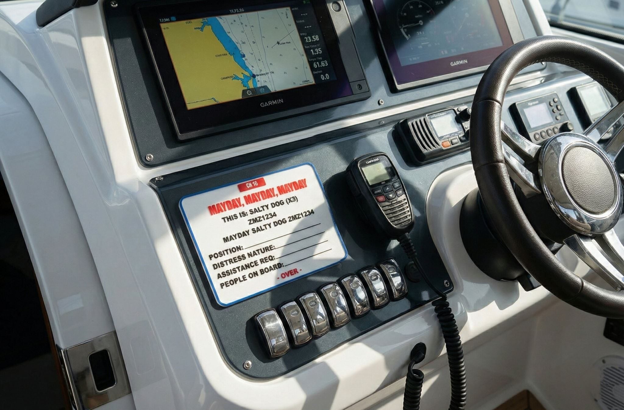 Boat dashboard with navigation equipment and steering wheel