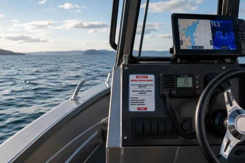 Boat dashboard with navigation equipment on a body of water